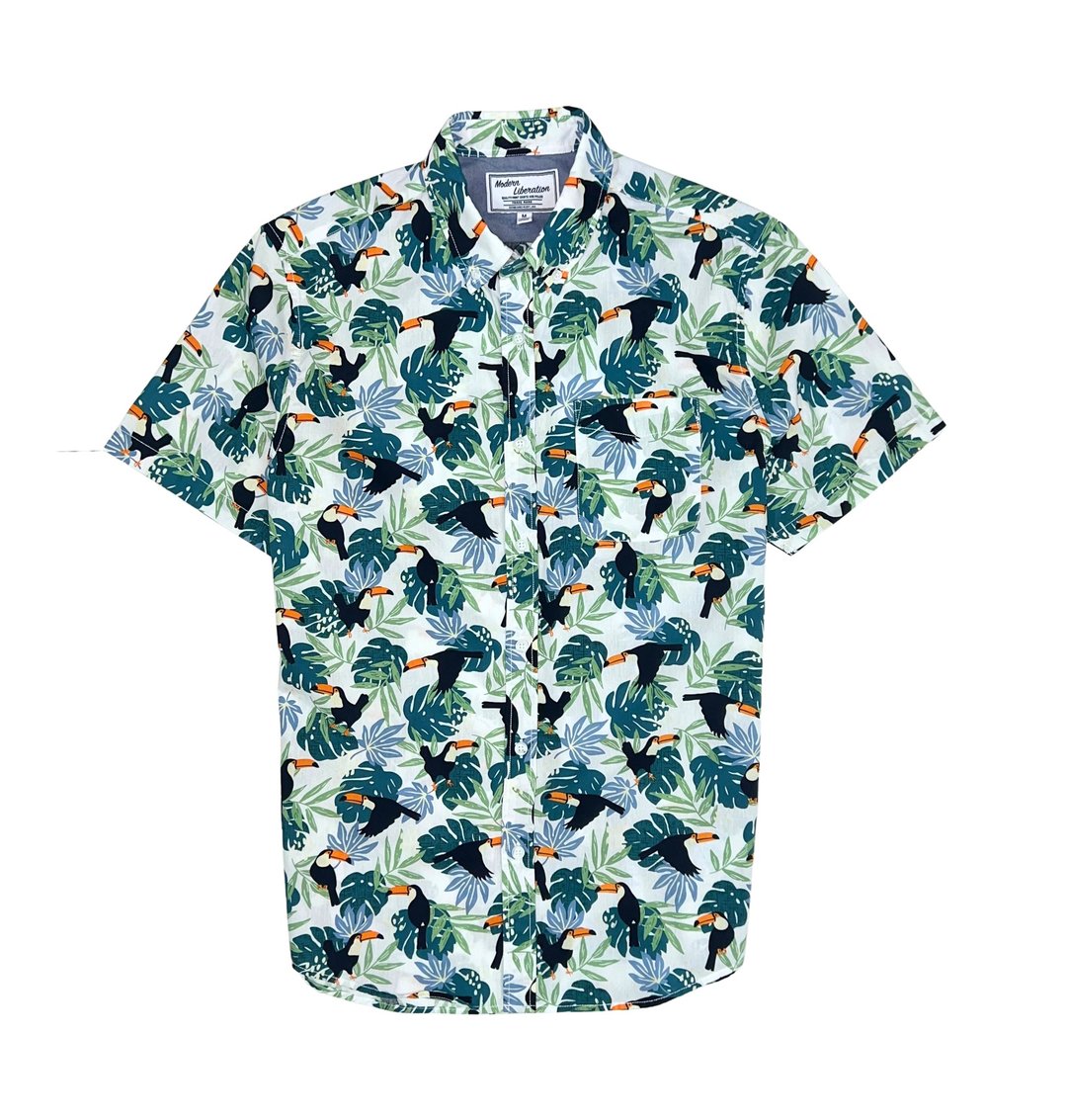 Men's Toucans Print Shirt 男装大嘴鸟衬衫 - 白色 - 男装衬衫 - 棉 白色