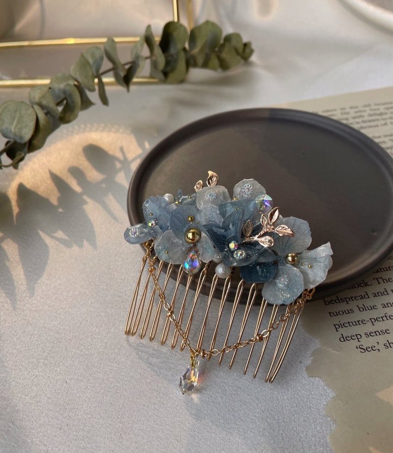 Enchanted - Blue hydrangea hair comb - 发饰 - 植物．花 蓝色