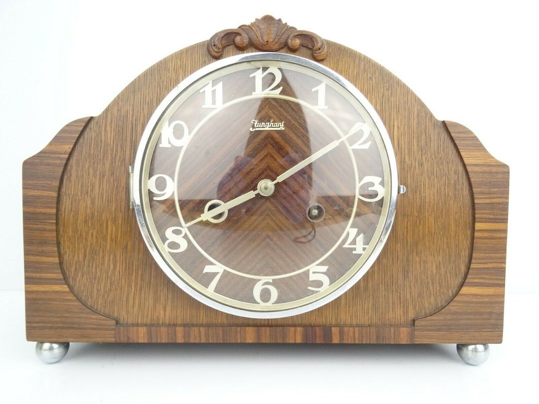 German Mantel Bracket Clock Coromandel 1935 Junghans Chrome 8 day WW2 era - 时钟/闹钟 - 木头 咖啡色