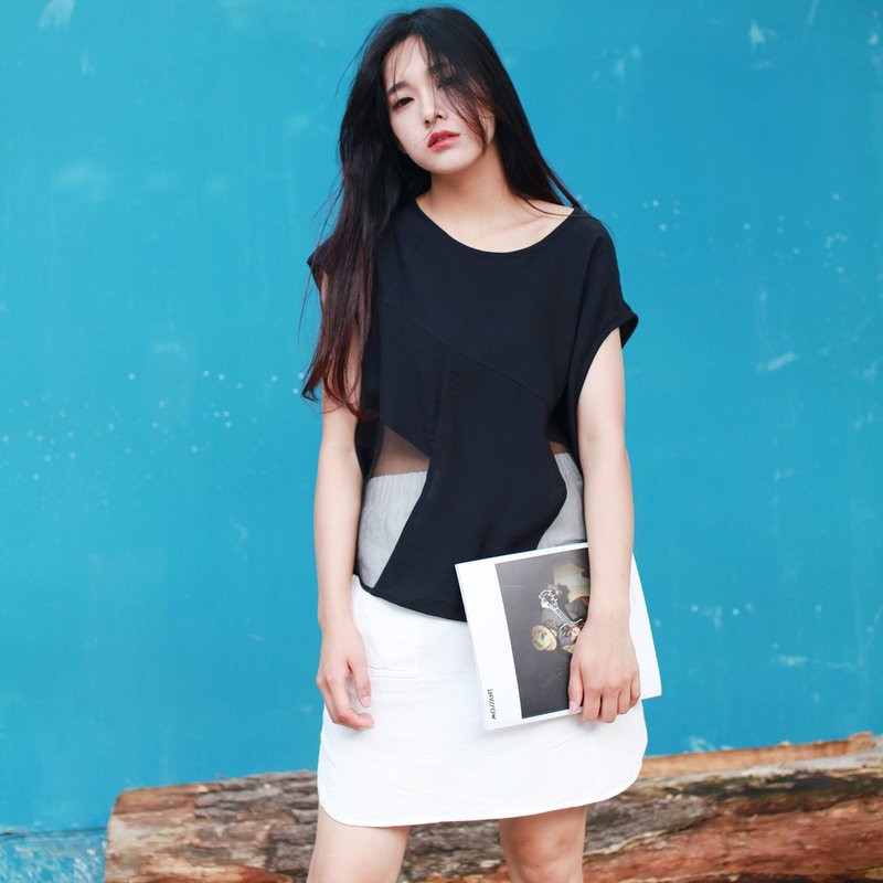 安妮陈设计春夏新款原创复古品质女装拼纱透视上衣T恤女 - 女装 T 恤 - 棉．麻 黑色