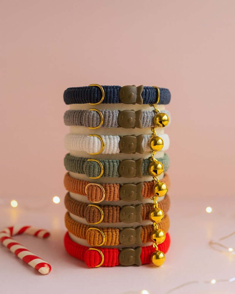 绒布安全项圈，8色可选，可调式尺寸，附赠铃铛，适用于猫咪与小型犬 - 项圈/牵绳 - 棉．麻 多色