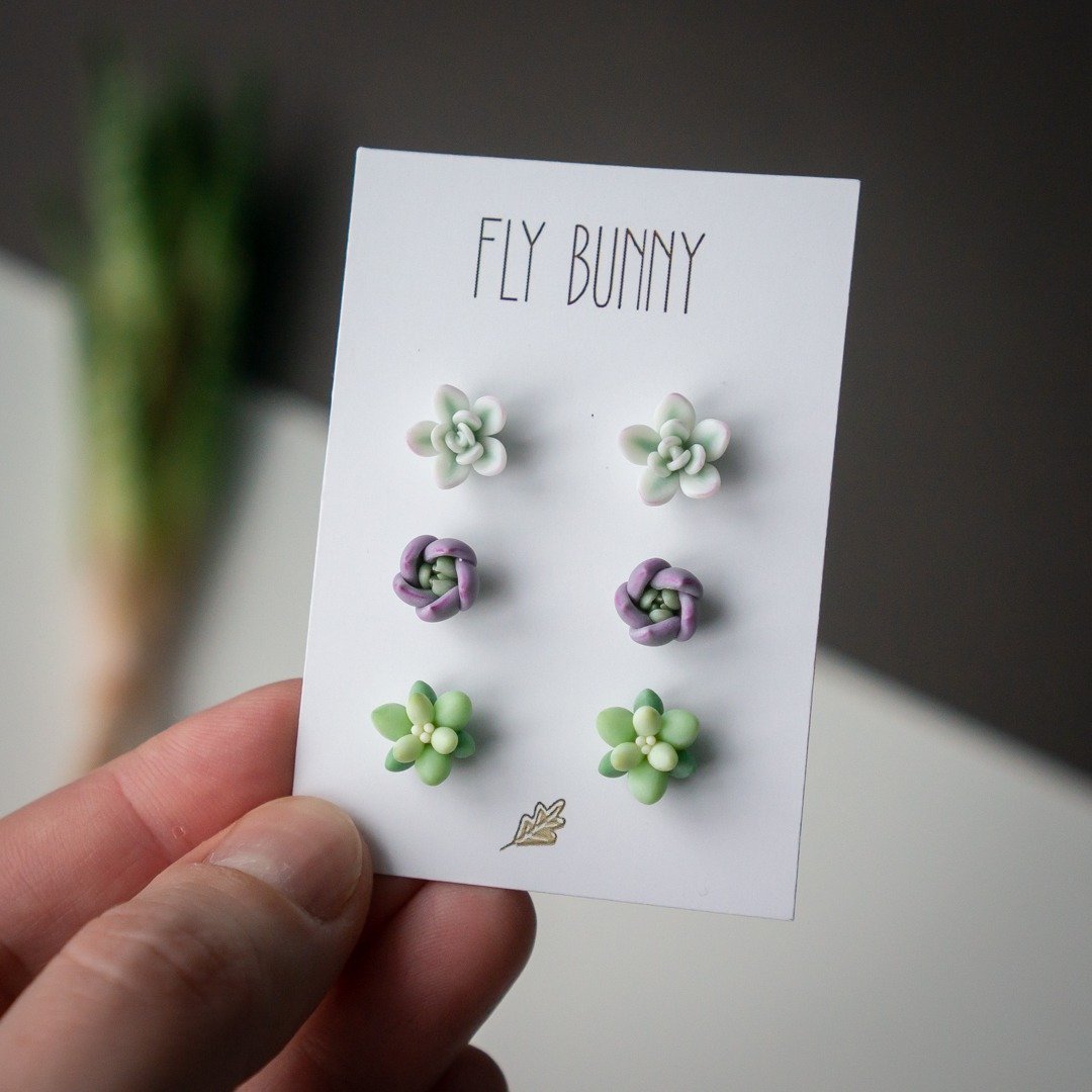 Green &amp; purple Stud earrings set - 耳环/耳夹 - 其他材质 绿色