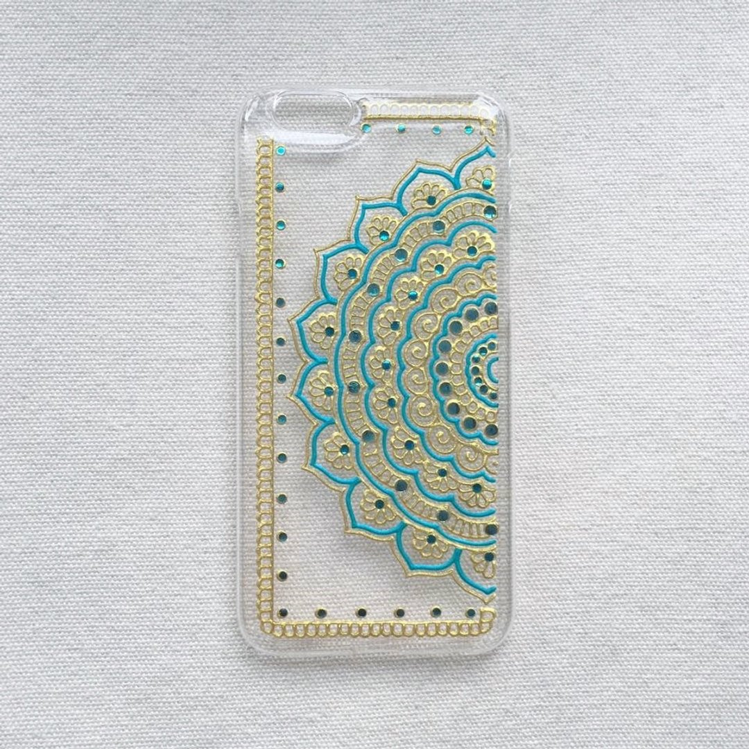 手绘透明手机壳 手机套 金色 蓝绿色 iPhone 7 6s Samsung Galaxy Sony LG Case Henna Mandala 汉娜 蔓蒂 曼陀罗 禅绕 民族 印度彩绘 - 手机壳/手机套 - 塑料 金色
