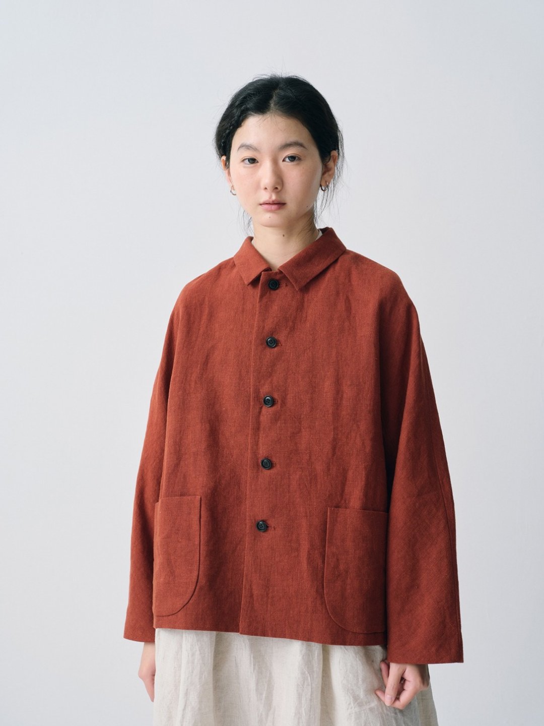水洗亚麻橘红色伞型短外套 - 女装休闲/机能外套 - 棉 多色