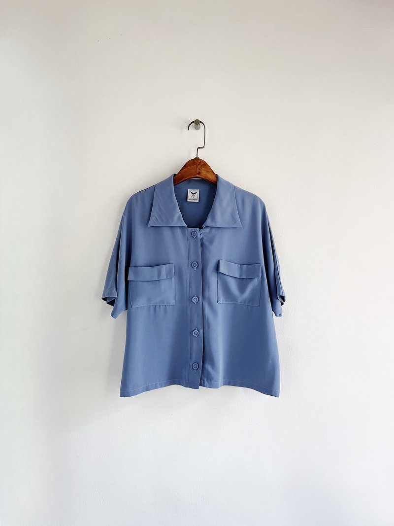湖水蓝简约包扣短版 雪纺纱薄料衬衫上衣罩衫shirt vintage 古着 - 女装衬衫 - 聚酯纤维 蓝色