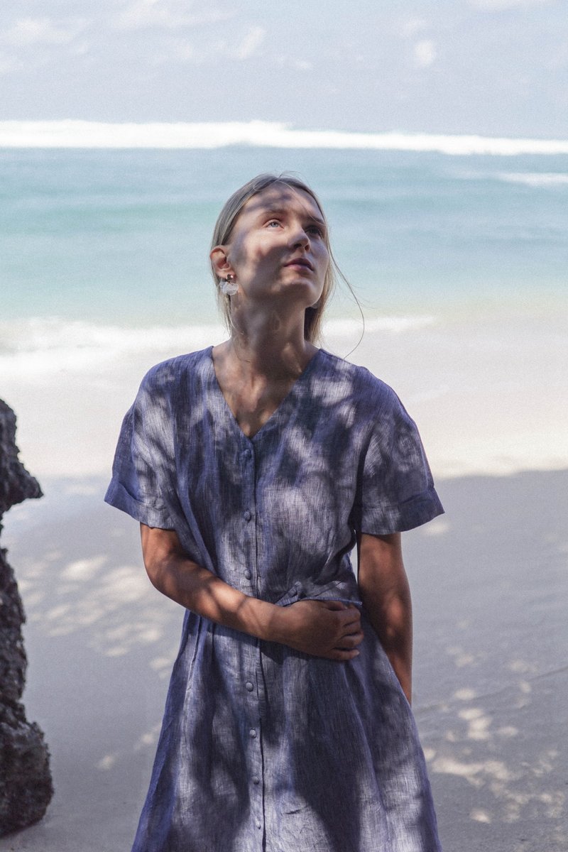 linen gray pleated dress with string belt - 洋装/连衣裙 - 亚麻 灰色