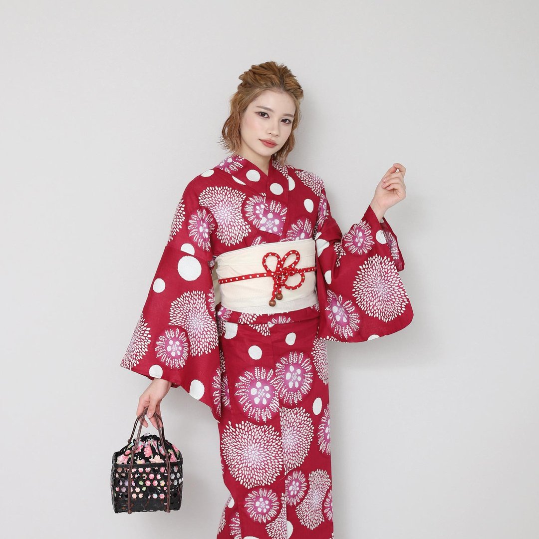 日本 和服 日本染色 棉麻 梭织 女性 浴衣 腰带 2件组 F x93-08b - 其他 - 棉 红色