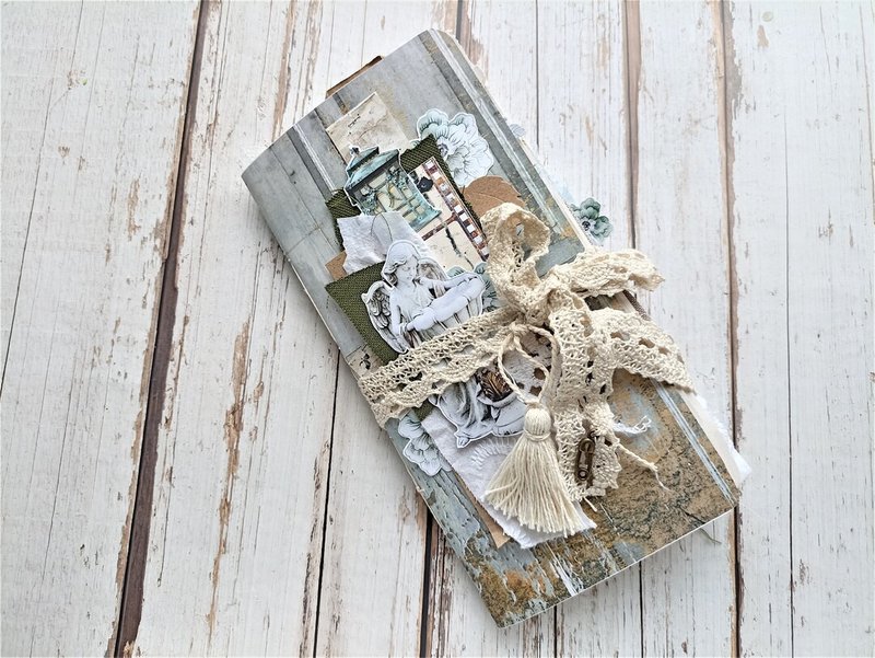 Lace junk journal handmade Vintage angel dairy Botanical notebook - 笔记本/手帐 - 纸 绿色