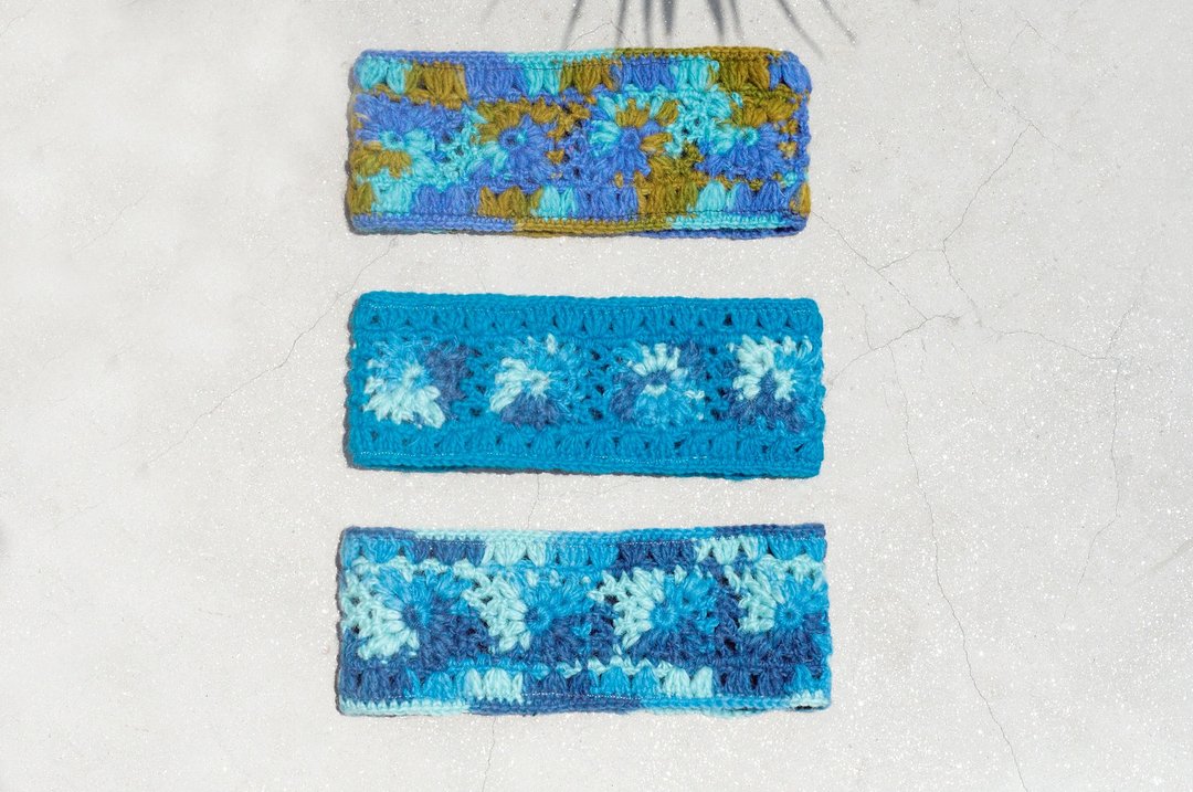 纯羊毛编织缤纷发带/纯羊毛编织发带/boho headband/花朵钩织发带 - 发带/发箍 - 羊毛 蓝色