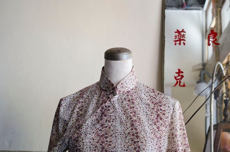 红堇花乳白粉紫红碎花短袖早期手工古董旗袍 | vintage莞洱古着 - 洋装/连衣裙 - 棉．麻 
