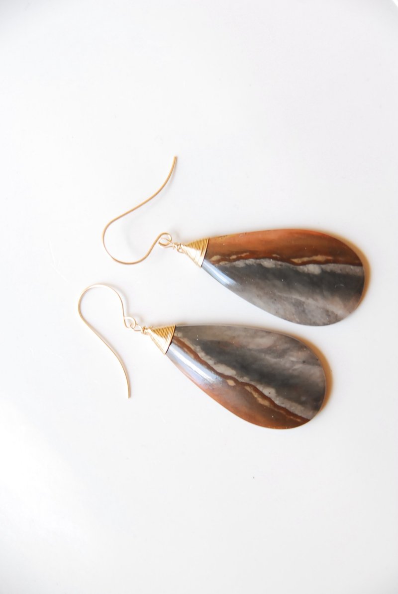 14KGF 泪滴形彩釉碧玉耳环 - 耳环/耳夹 - 半宝石 咖啡色