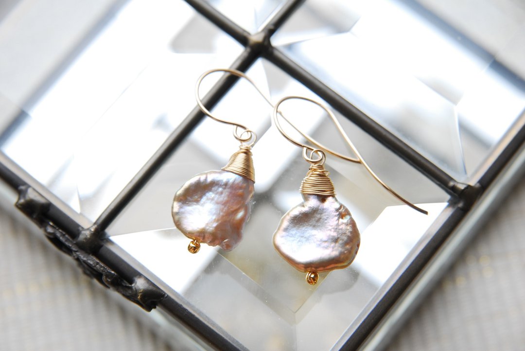Mauve Pink Pearl Earrings no.2 14kgf - 耳环/耳夹 - 珍珠 紫色