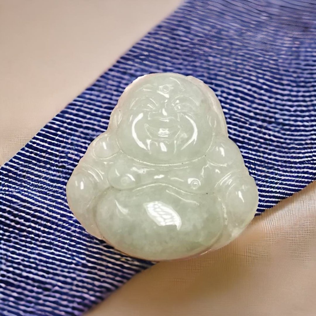 淡绿翡翠弥勒佛 | 天然缅甸玉A货翡翠 | 送礼 - 吊饰 - 玉石 绿色