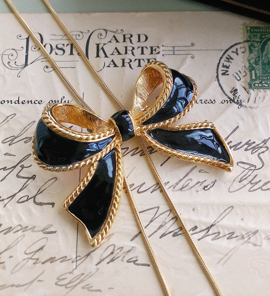 Vintage Jewelry 西洋古董饰品 KJL FOR AVON 黑珐琅蝴蝶结项链扣 - 项链 - 其他金属 金色