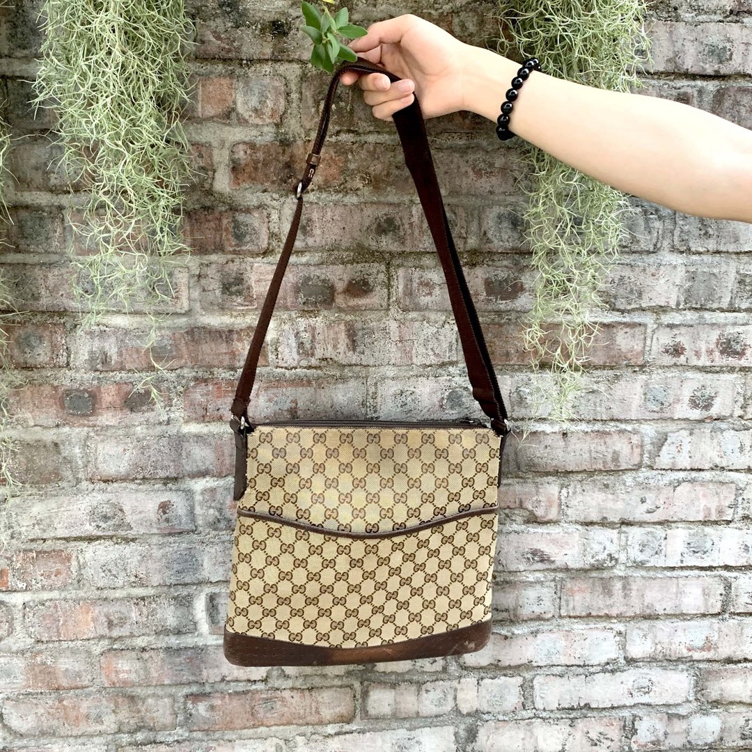 意大利中古GUCCI真皮拼帆布Monogram logo单肩手袋 高级二手古着 - 侧背包/斜挎包 - 其他材质 咖啡色