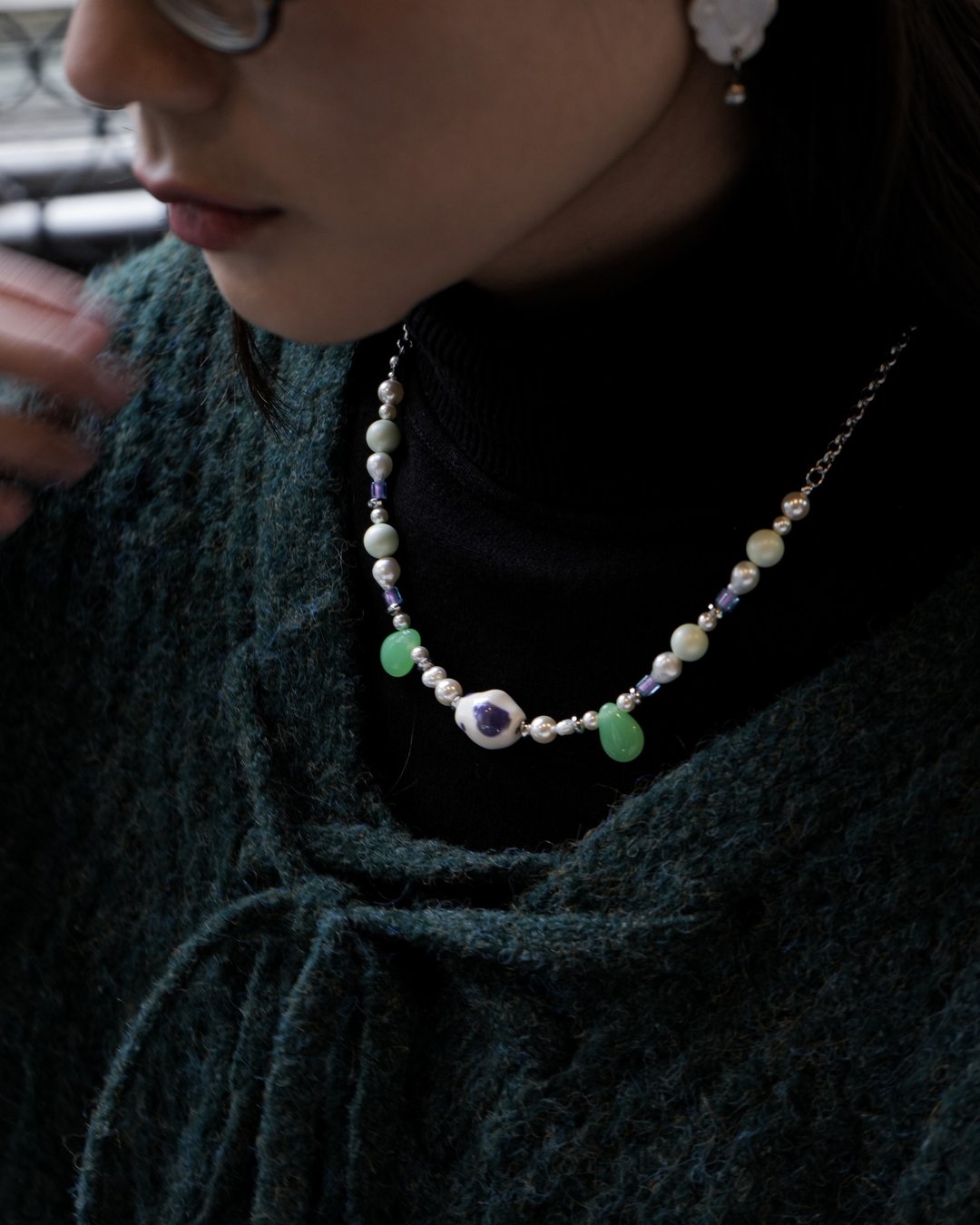 陶瓷x玻璃 扭牛糖珠项链 紫x青色水滴 Ceramic Glass Necklace - 项链 - 玻璃 紫色