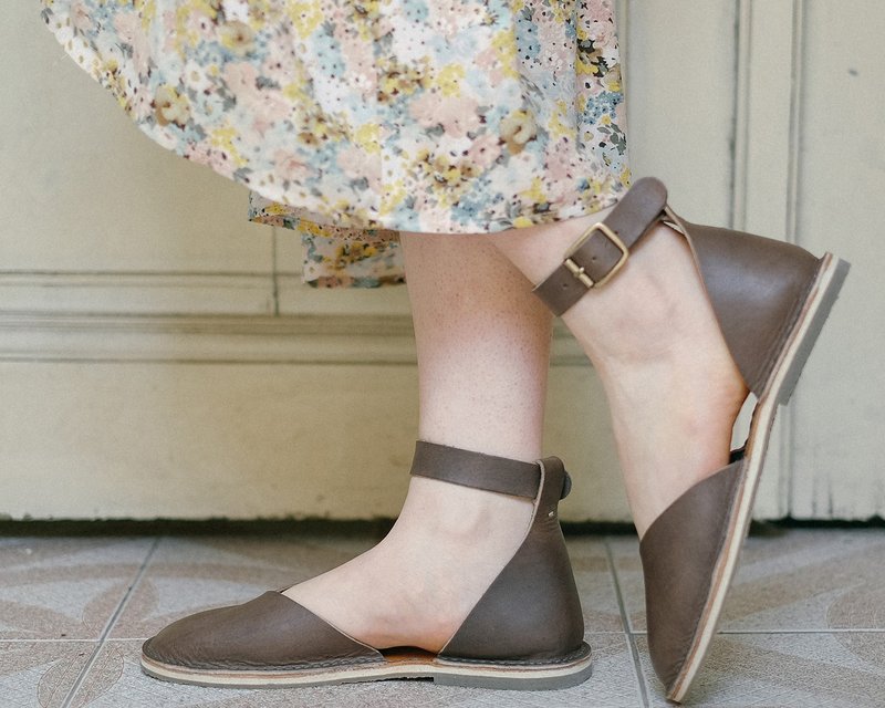 皮革平底鞋、女鞋、零足跟差、踝带凉鞋、皮革凉鞋、夏季凉鞋 - 女款休闲鞋 - 真皮 灰色