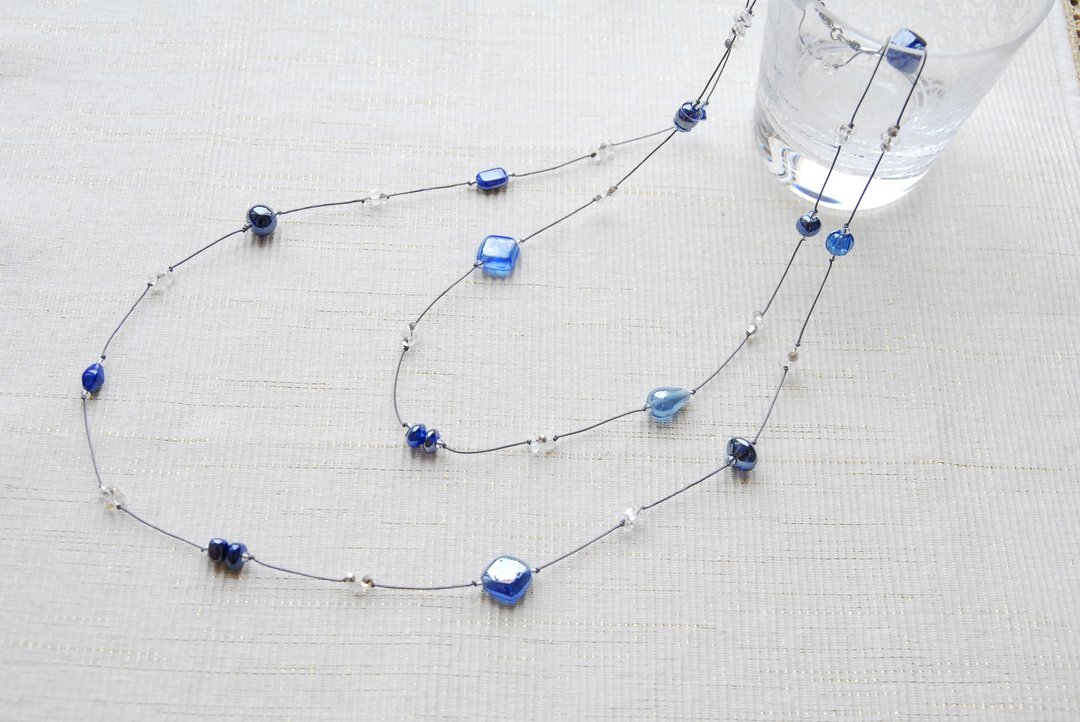 Indra raster beaded long necklace gray - 长链 - 玻璃 蓝色