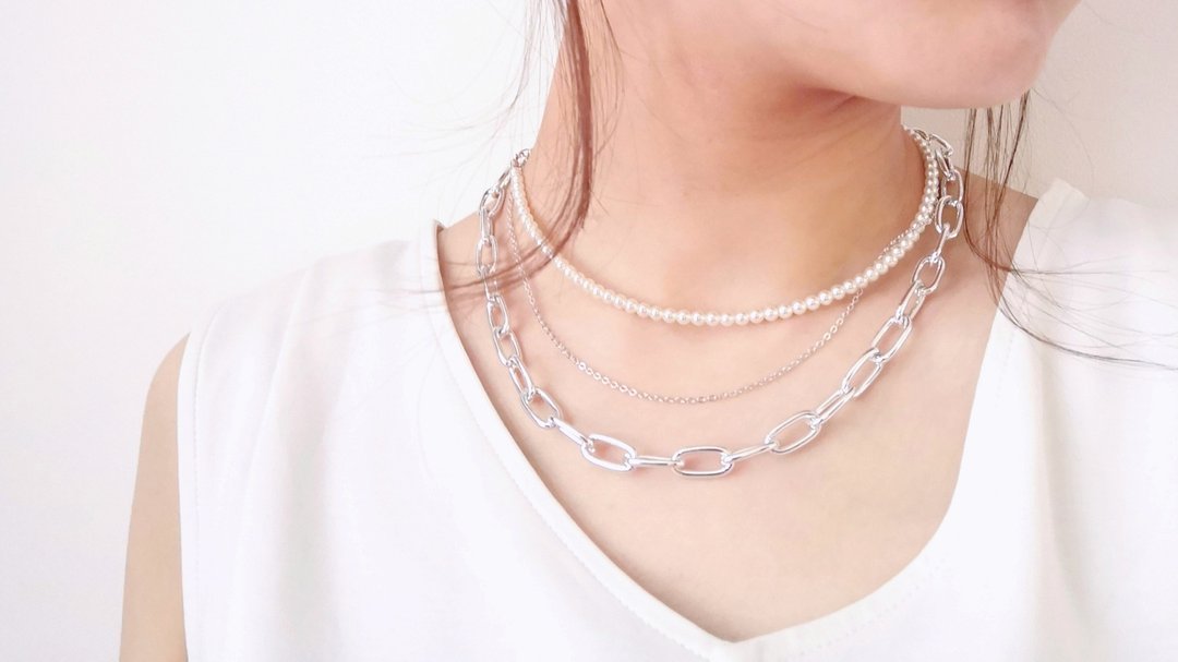 Two piece pearl and chain necklace set - 项链 - 其他金属 银色