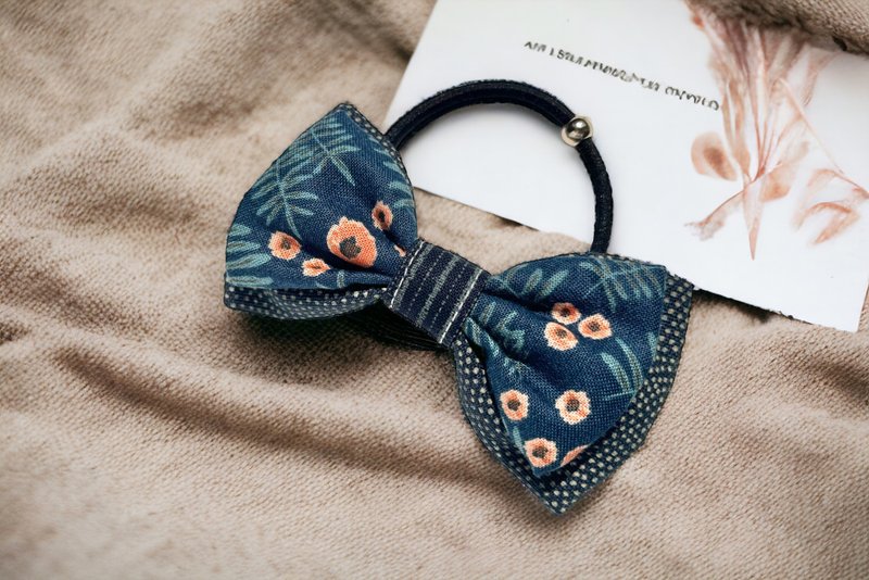 手作发饰。蝴蝶结发圈。陌上花开。蓝 - 发饰 - 棉．麻 蓝色