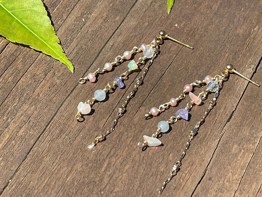 火欧泊 珍珠长耳环 opal - 耳环/耳夹 - 水晶 多色