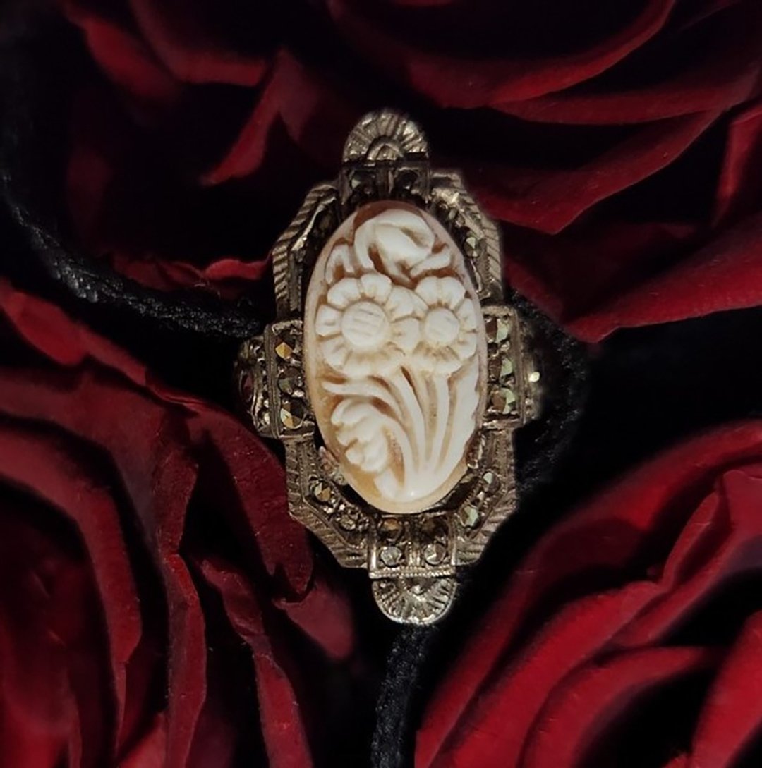 20 世纪装饰艺术手工浮雕 Cameo 白铁矿纯银电镀 9CT 白金戒指母亲节礼 - 戒指 - 纯银 银色
