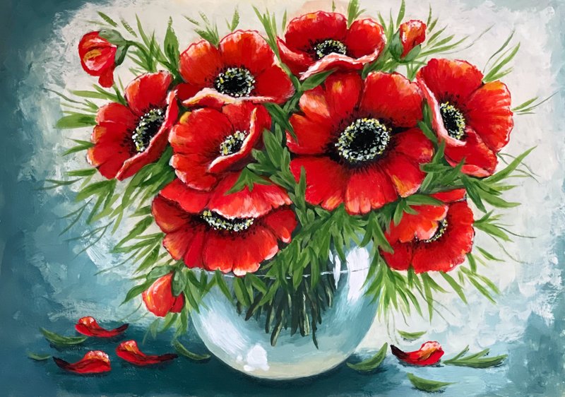 Bouquet of poppies in a vase. Painting Gouache. - 墙贴/壁贴 - 纸 