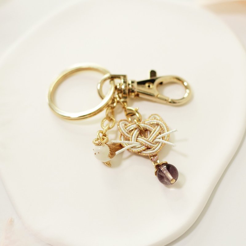 小鸟x香槟金猫型水引x彩莹石匙扣 - 钥匙链/钥匙包 - 其他金属 金色