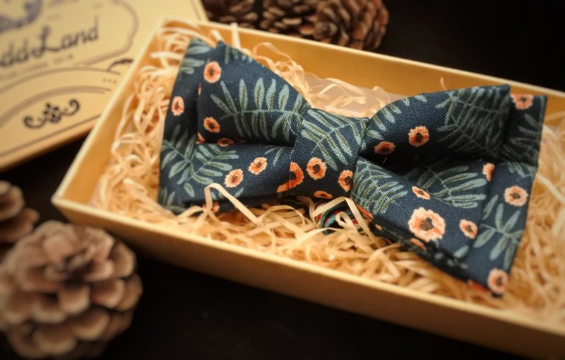 Birdddland原創手工領結 Preppy復古花草藏青色 禮物 Swing舞會 - 领结/领巾 - 棉．麻 蓝色