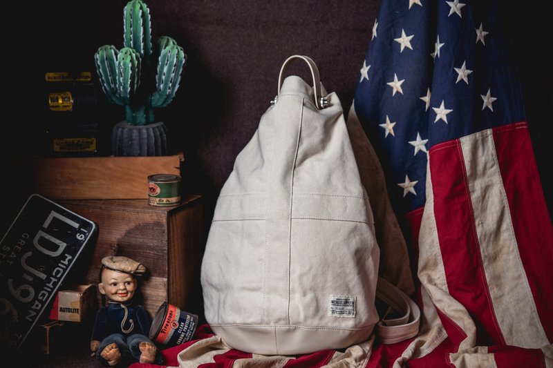 【METALIZE】City Sailor 复古水桶包 (白色) - 束口袋双肩包 - 棉．麻 