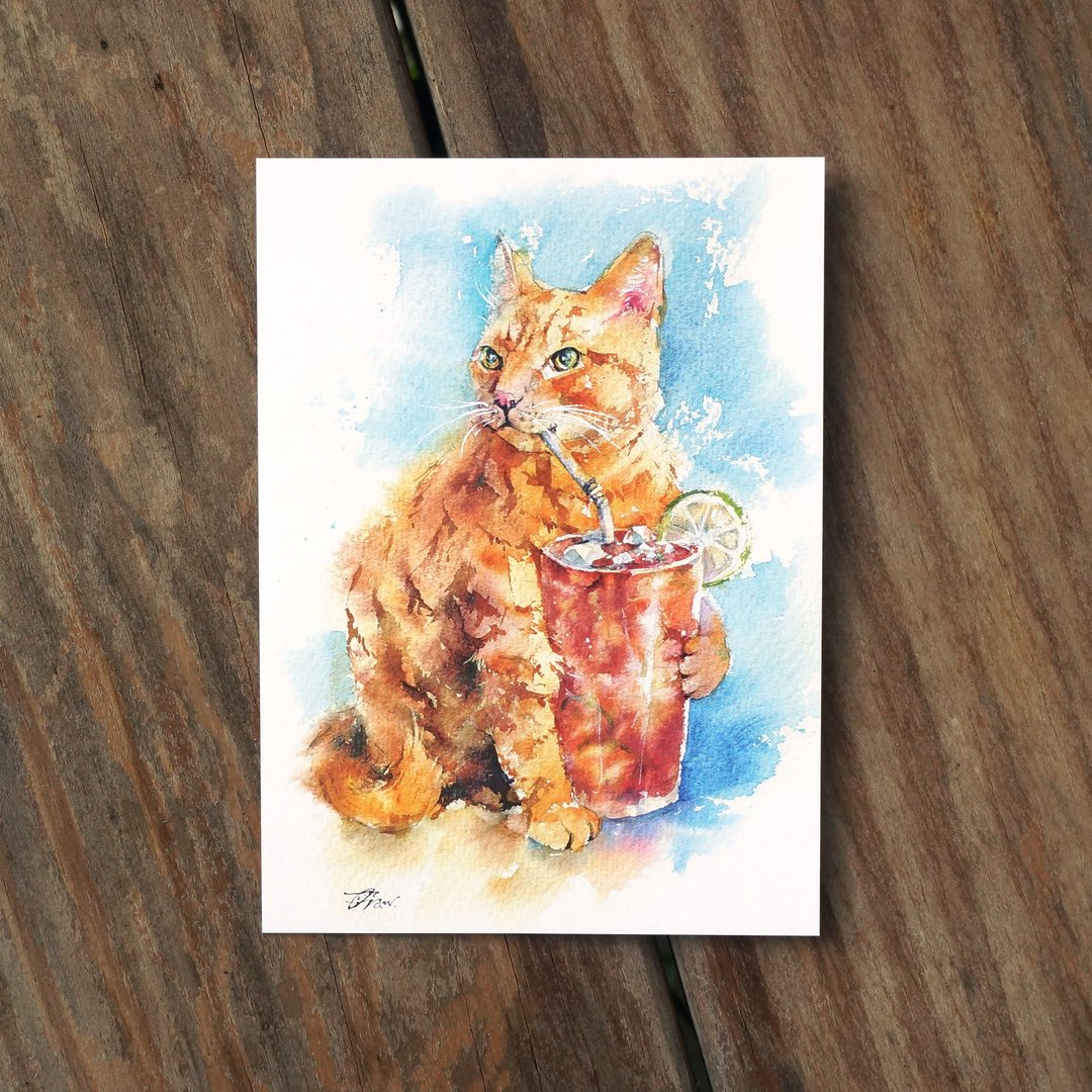水彩绘毛孩系列明信片 - 淡定橘猫喝红茶 - 卡片/明信片 - 纸 橘色