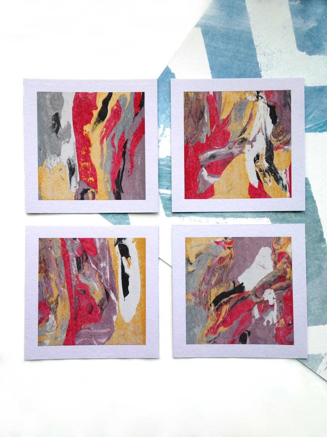 Abstract painting. Set of 4 little abstract paintings. Abstract landscape. - 海报/装饰画/版画 - 纸 红色