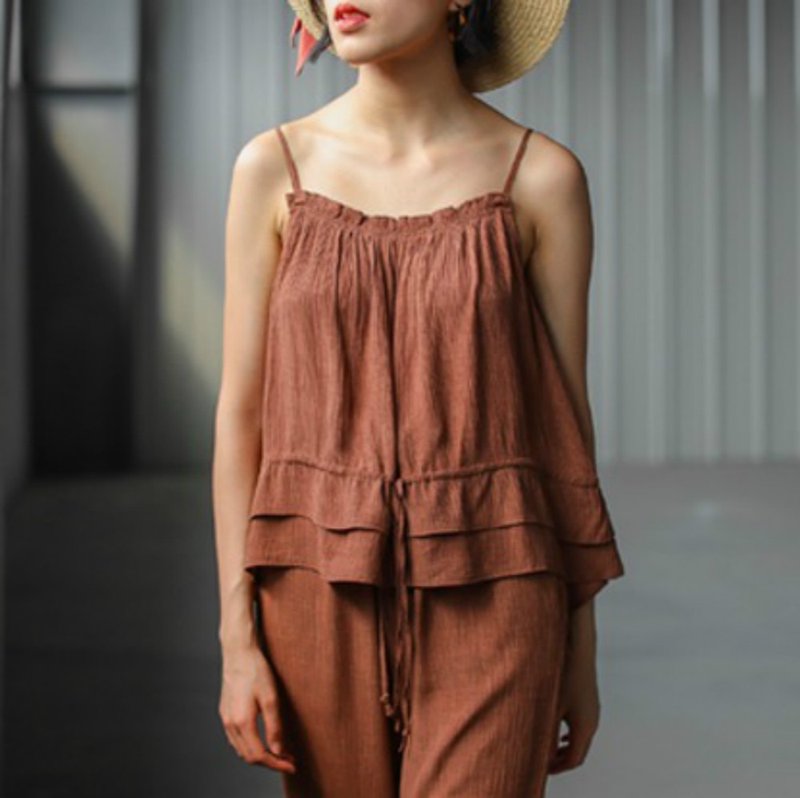 大地色 树皮纹理吊带小可爱上衣+松紧腰宽松长裤宽裤子 度假套装 - 女装背心 - 棉．麻 咖啡色