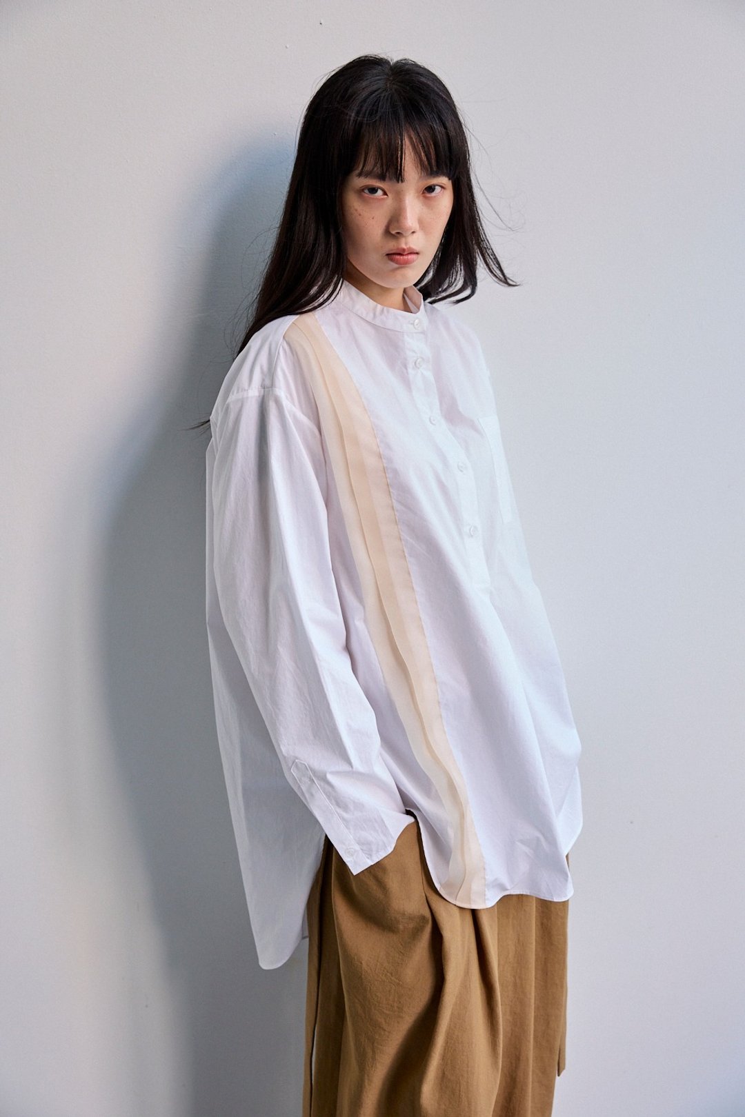 织带装饰半开襟无领衬衫 - 女装衬衫 - 棉．麻 