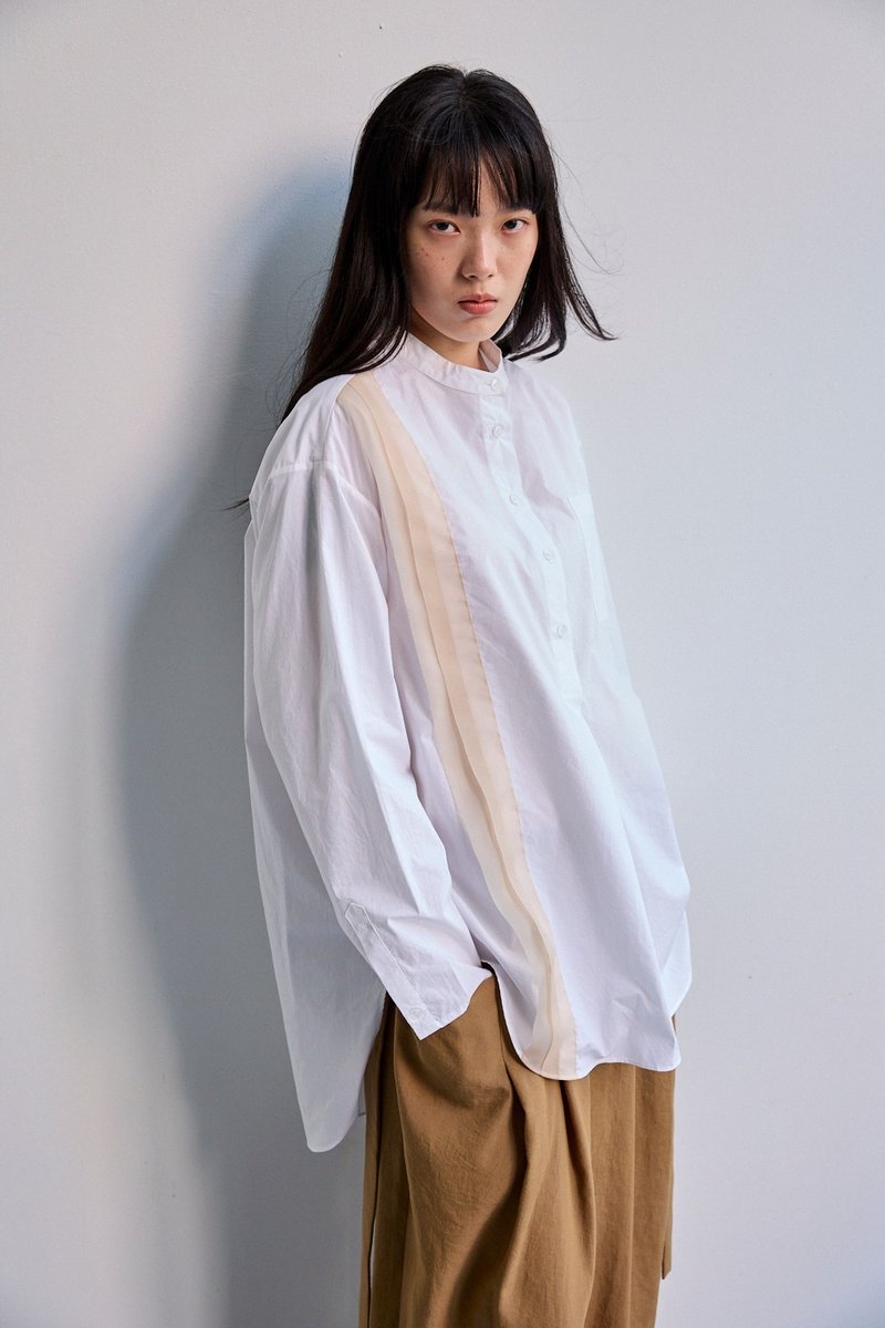 织带装饰半开襟无领衬衫 - 女装衬衫 - 棉．麻 