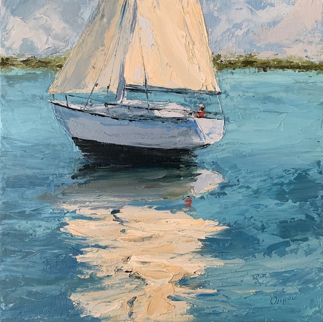 Original Seascape Sailboat Painting Blue Landscape Oil Painting Impasto Artwork - 墙贴/壁贴 - 棉 多色