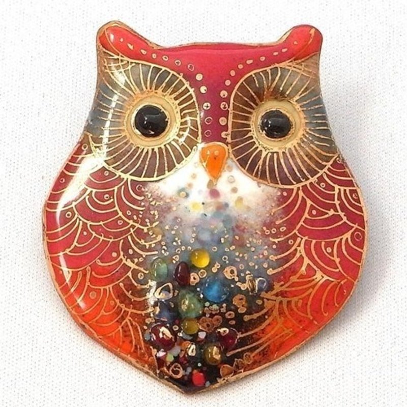 猫头鹰 - 大 - 红色 七宝烧胸针 - 胸针 - 其他金属 红色