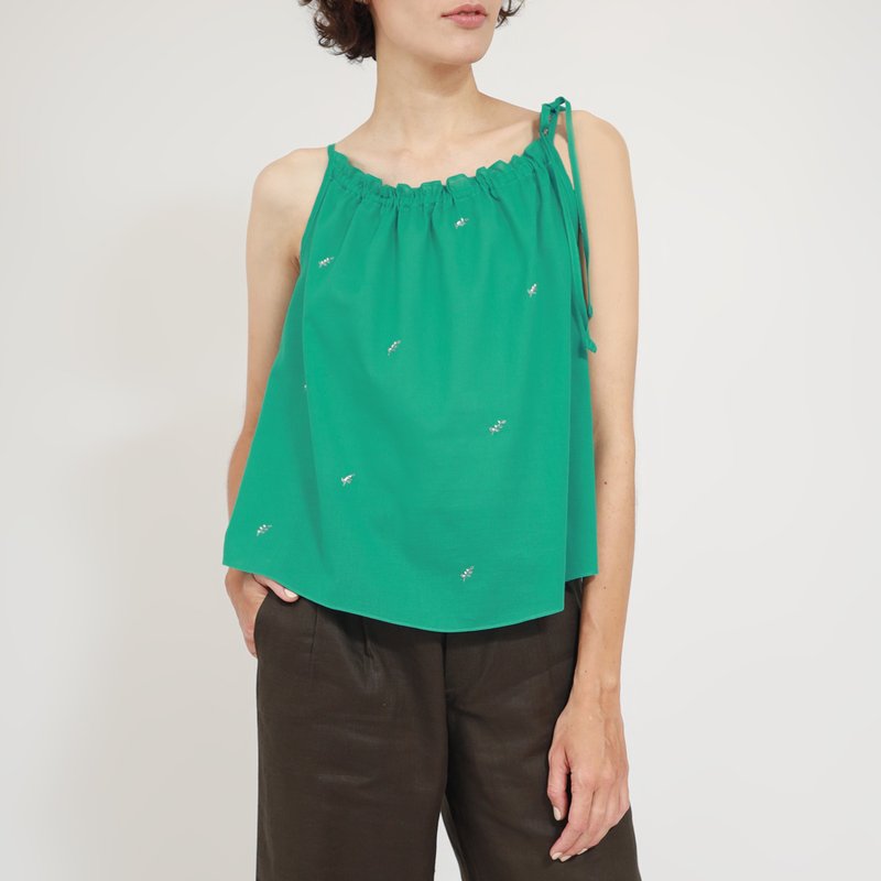 细肩带棉质上衣, 刺绣, 夏日上衣, 满天星, 绿色 - 女装上衣 - 棉．麻 绿色
