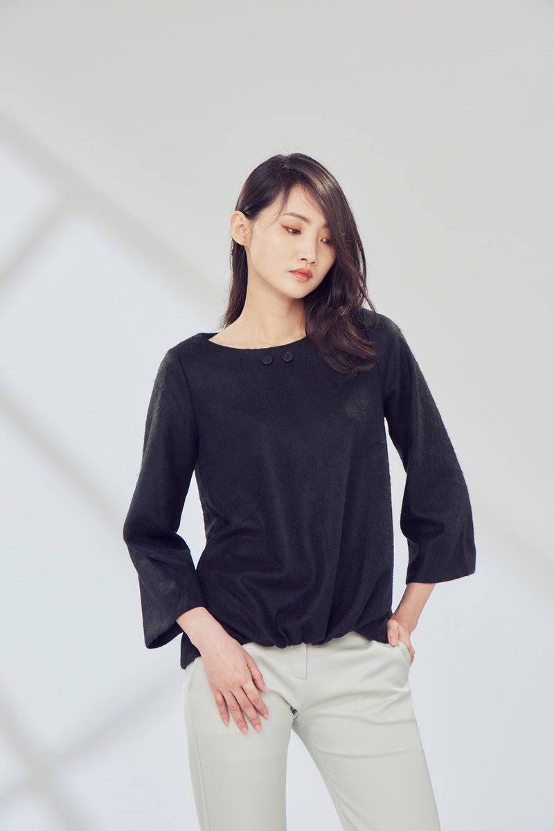 黑毛料扣子上衣 - 女装上衣 - 羊毛 黑色