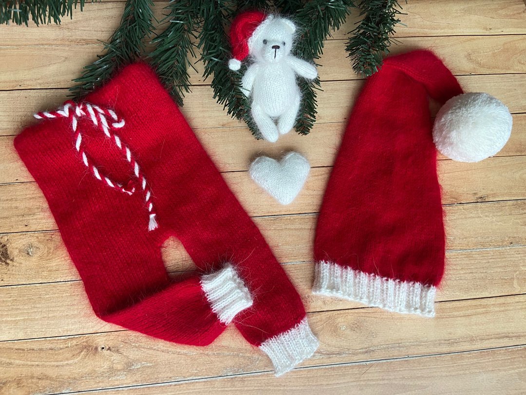 Newborn Christmas photo outfit, Newborn Santa outfit, Newborn Santa hat - 婴儿帽/发带 - 羊毛 红色