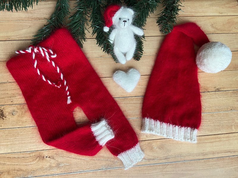 Newborn Christmas photo outfit, Newborn Santa outfit, Newborn Santa hat - 婴儿帽/发带 - 羊毛 红色
