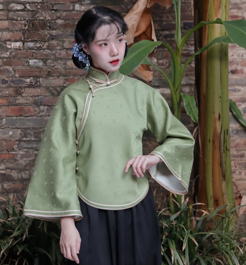 秋香綠提花復古上衣 / 加絨倒大袖全開襟 / 盈盈秋民國風 - 女装上衣 - 其他材质 绿色