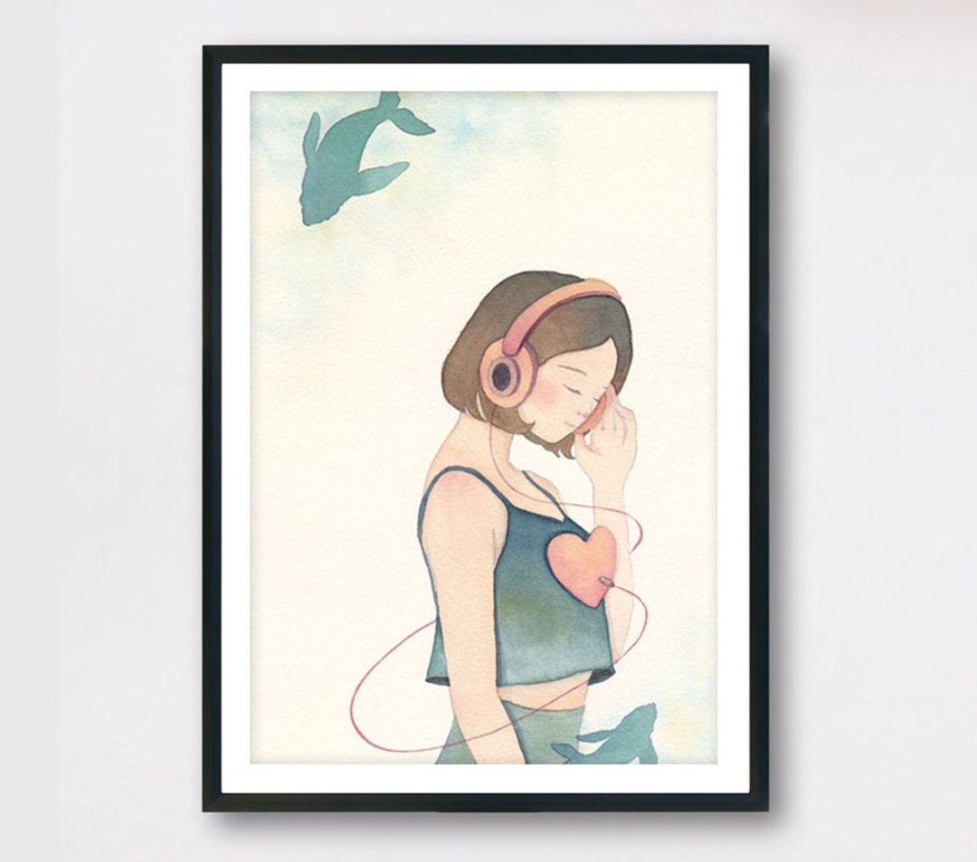 慢活女孩 - 倾听/ 印刷画 (送纸画框) - 海报/装饰画/版画 - 纸 白色