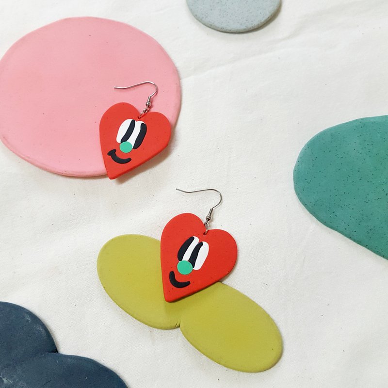ㄎㄧㄤ系列 耳环 - 大型 可爱 表情 橘色 爱心 ( 可改 耳夹 ) - 耳环/耳夹 - 粘土 红色