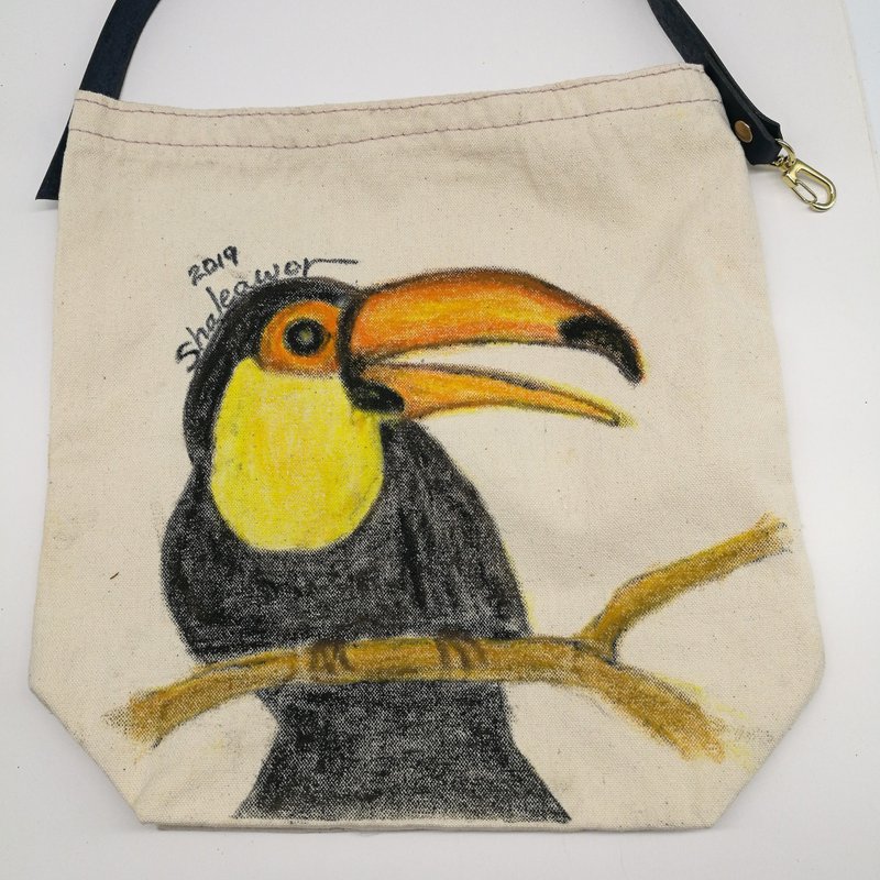 手绘台湾黑熊布包 + 皮革提把 - 手提包/手提袋 - 真皮 白色