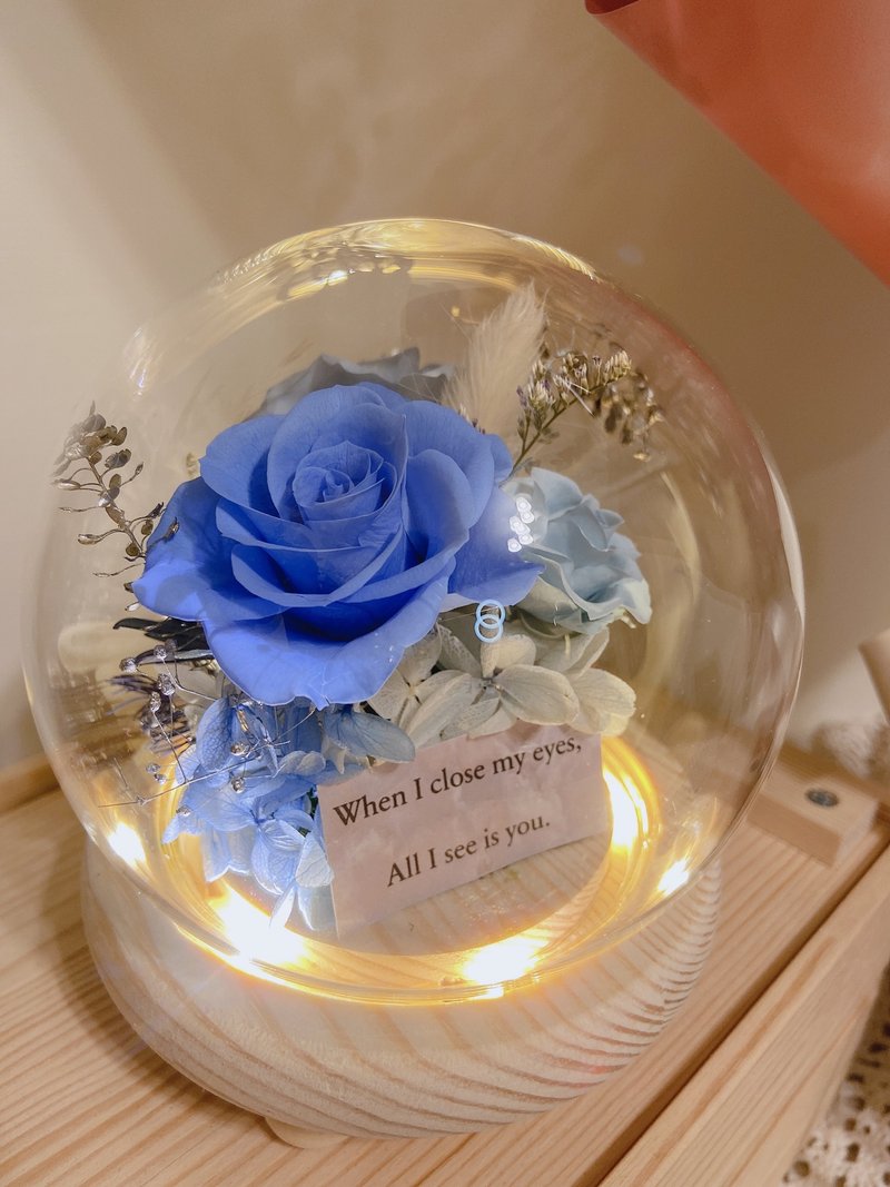 3朵永生花玻璃罩夜灯 水蓝 交换礼物 - 干燥花/捧花 - 植物．花 蓝色