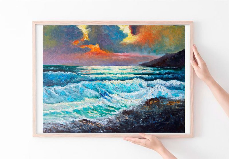 Sunset Painting Oil Seascape Original Art 油畫原作 Artwork Impasto Canvas Art - 海报/装饰画/版画 - 颜料 多色