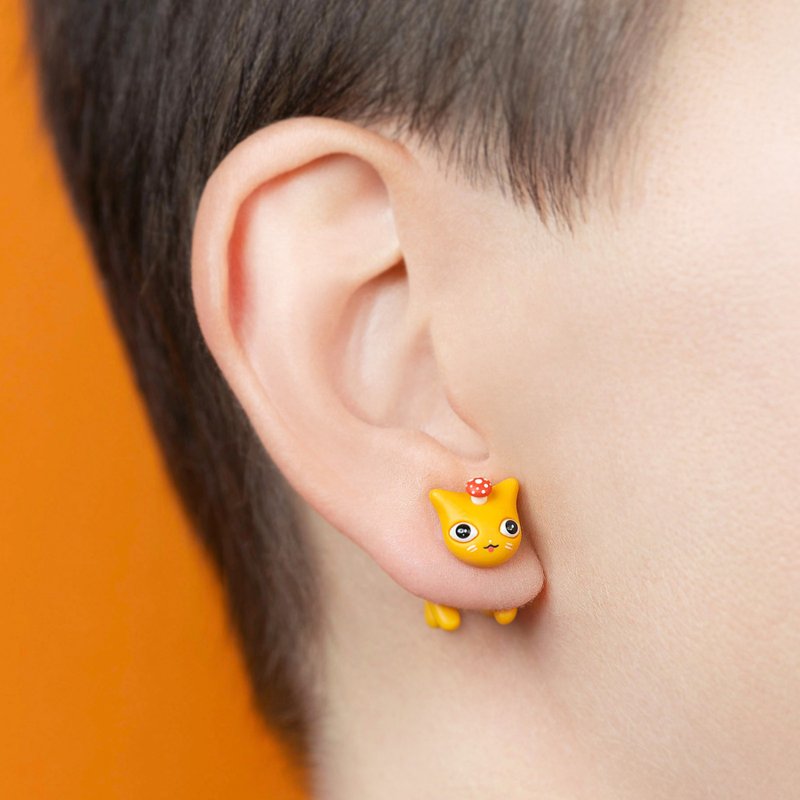 蘑菇猫咪耳环 - 送给猫奴的可爱珠宝 - 手工艺术品 - 耳环/耳夹 - 其他材质 黄色