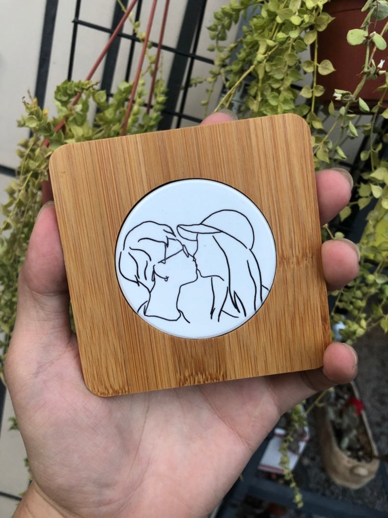手绘Q版【木头陶瓷杯垫】线条 多款商品及绘制风格可订制纪念礼物 - 杯垫 - 陶 咖啡色