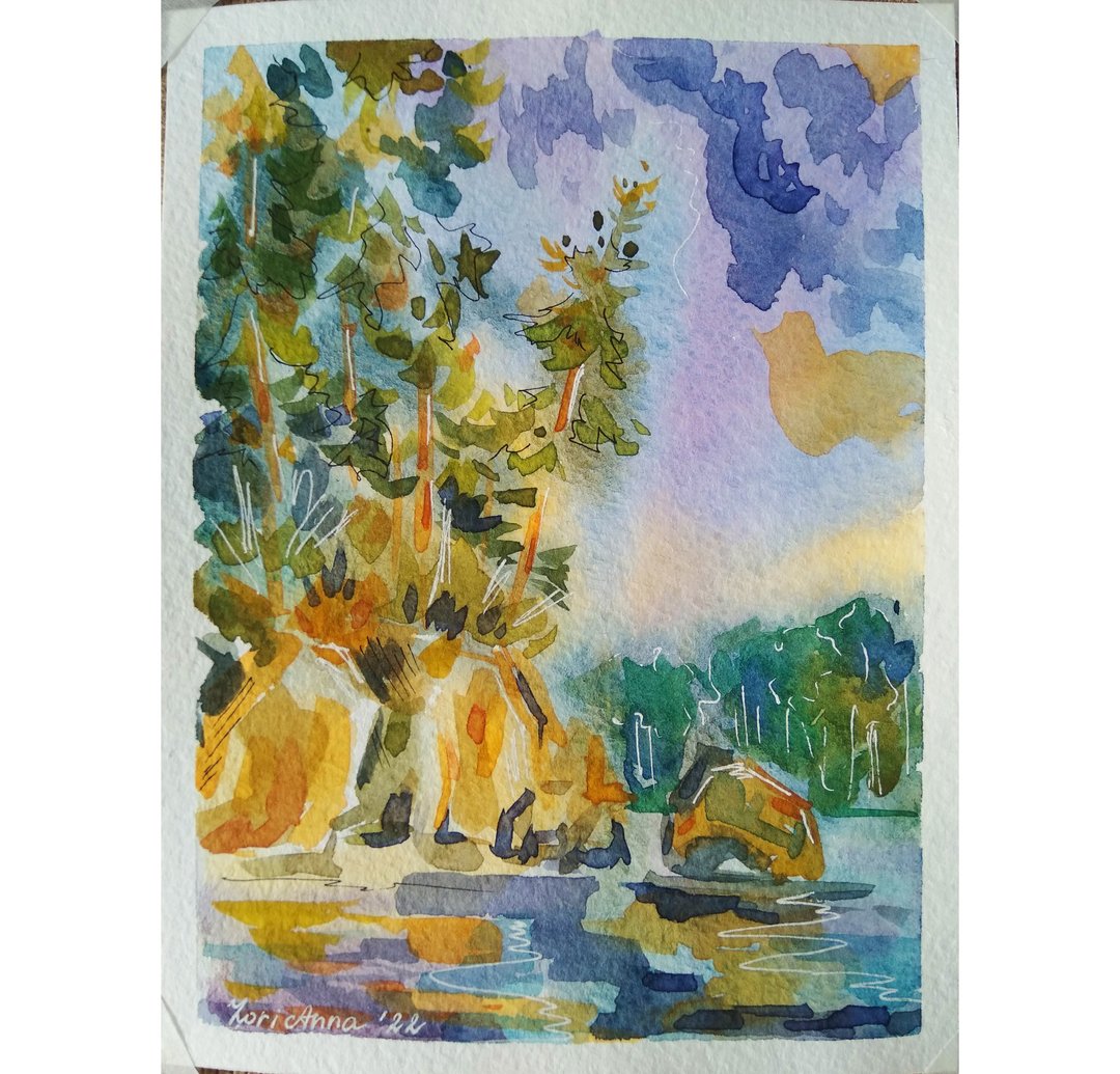 Watercolor Postcard Landscape Canada Art Original Small Art River - 海报/装饰画/版画 - 纸 多色